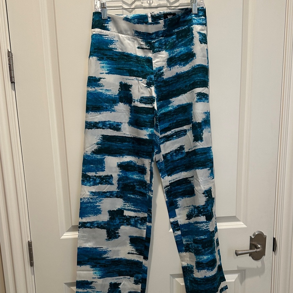 W by Worth White and Blue Brushstroke Wide Leg Pants